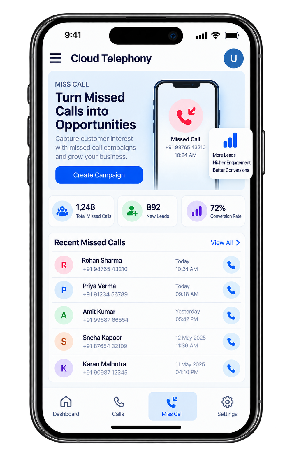 Missed call lead flow shown on a phone