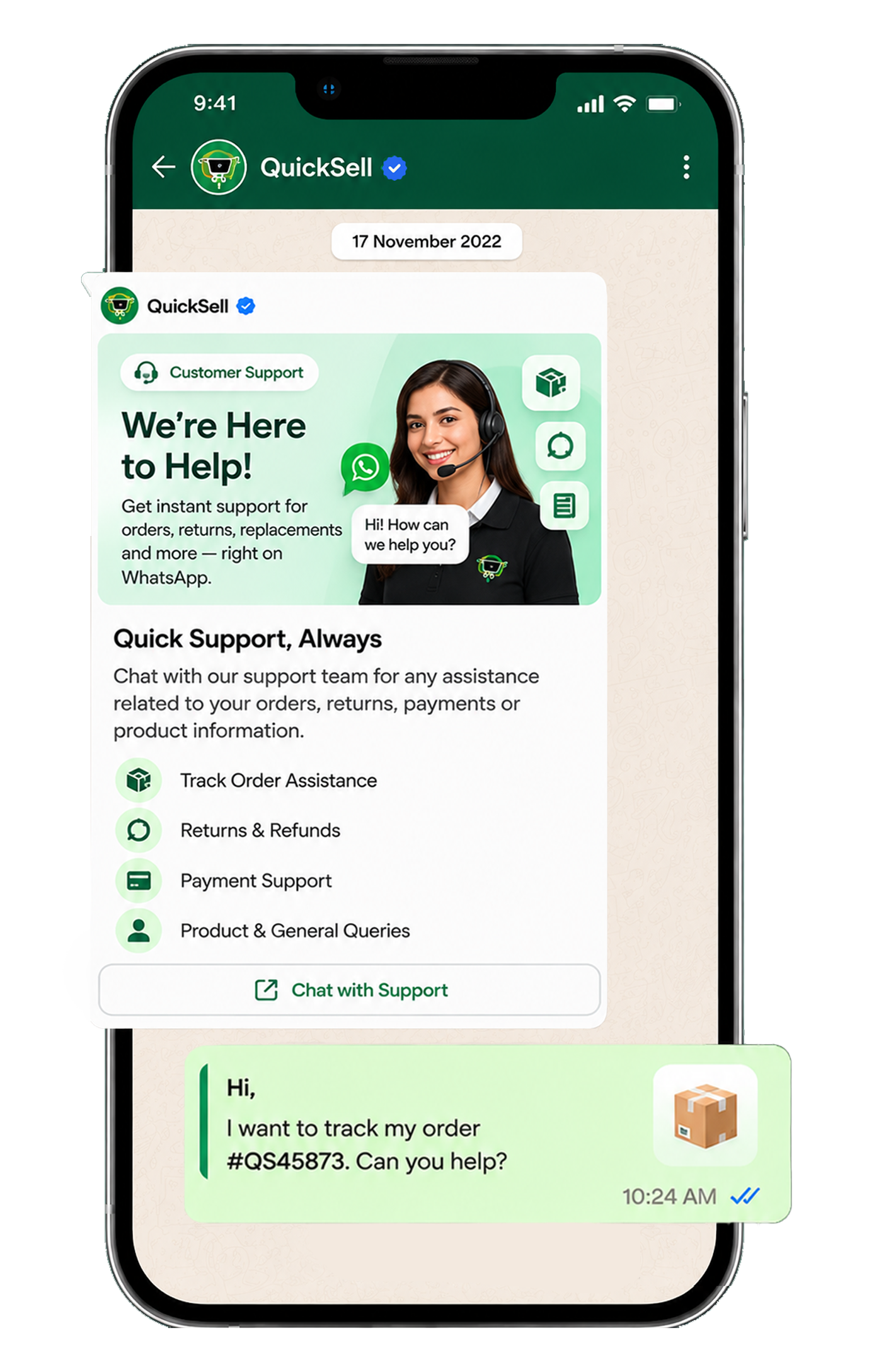 WhatsApp customer support chat on a mobile
